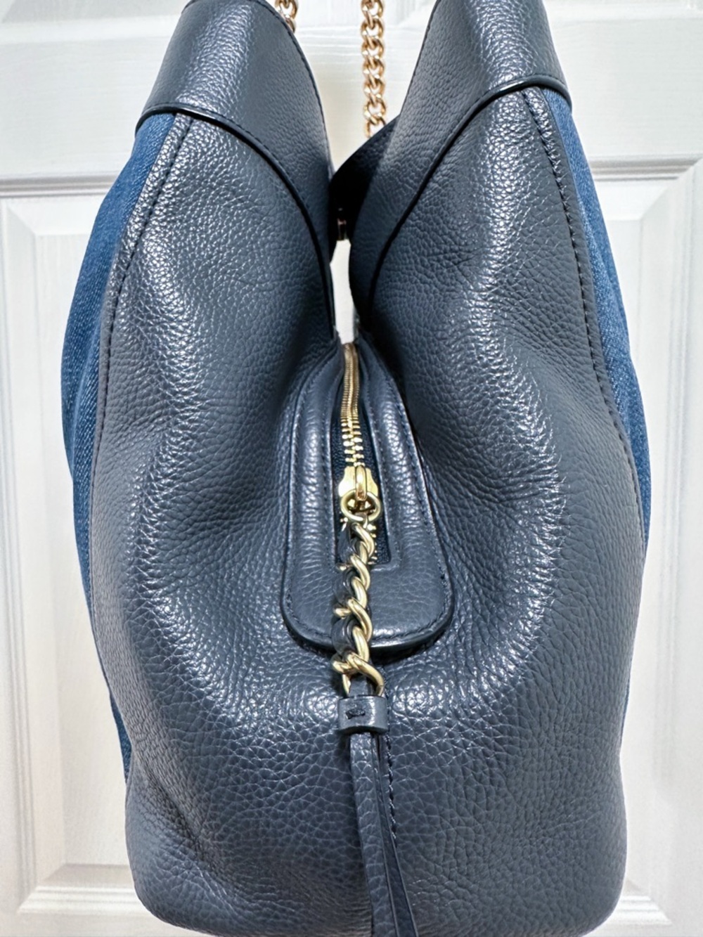 Coach Lexy Shoulder Bag Blue Denim Tea Rose Appliqué Navy Leather F25884 - Picture 8 of 15